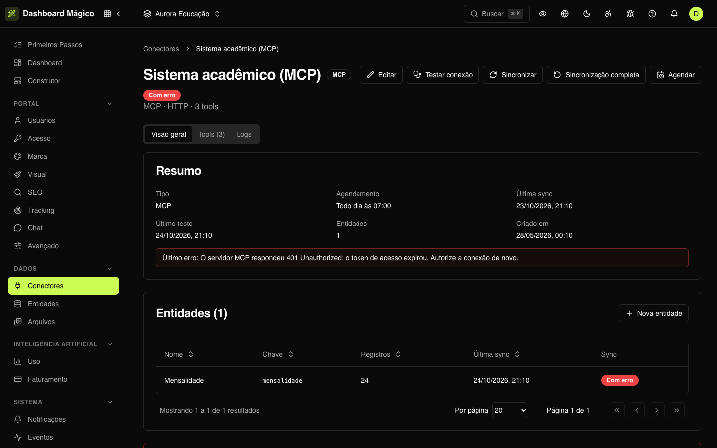 MCP connector with an authentication error