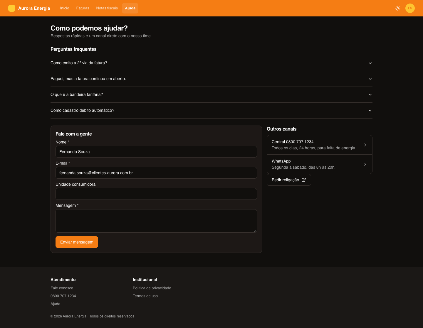 Help page with frequently asked questions and a contact form