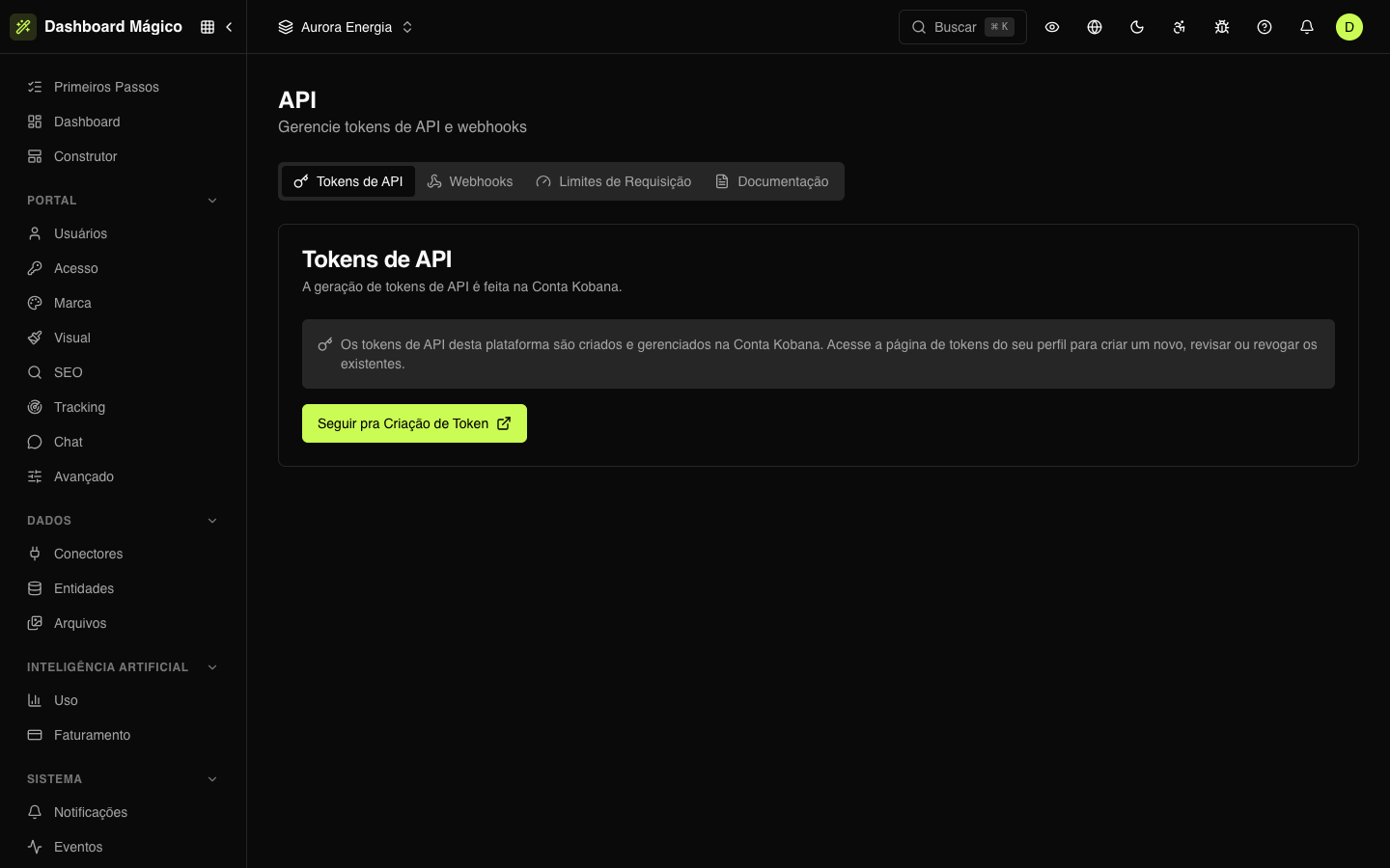 Pestaña API Tokens, con el atajo a la Cuenta Kobana