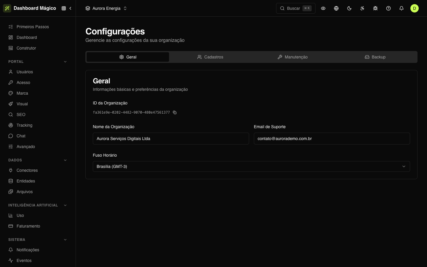 Aba Geral das configurações da organização Aurora