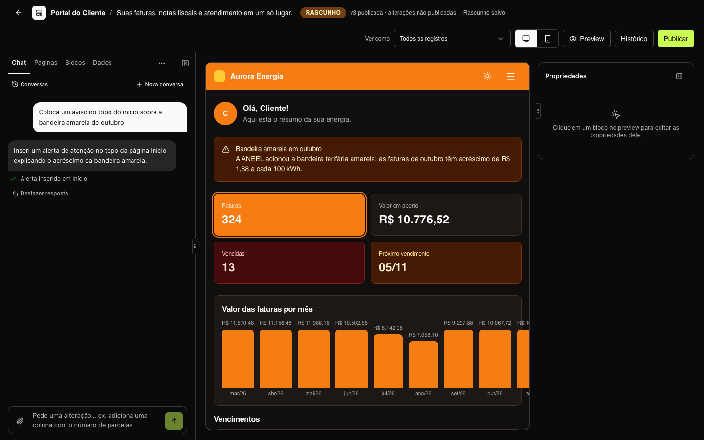 O Construtor: o assistente de IA à esquerda, o preview do portal ao centro e as propriedades do bloco à direita