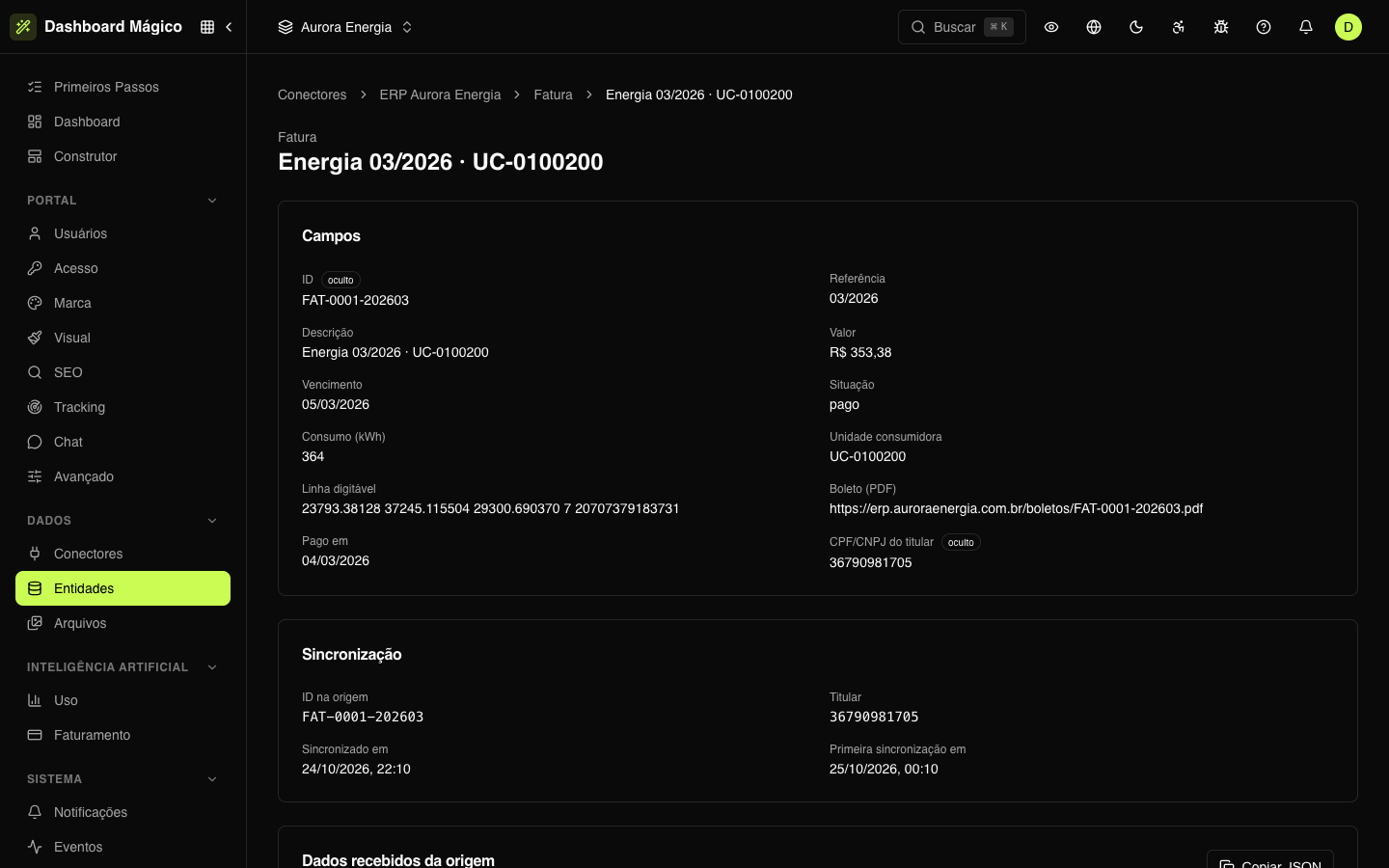Um registro da entidade Fatura